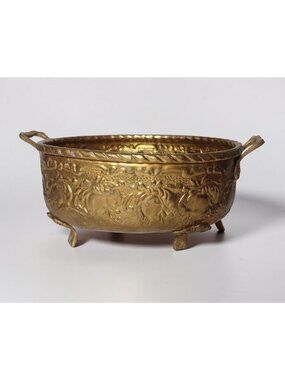 Vintage Brass Embossed Hammered Floral Tri-Footed Planter Oval Copper Nails
